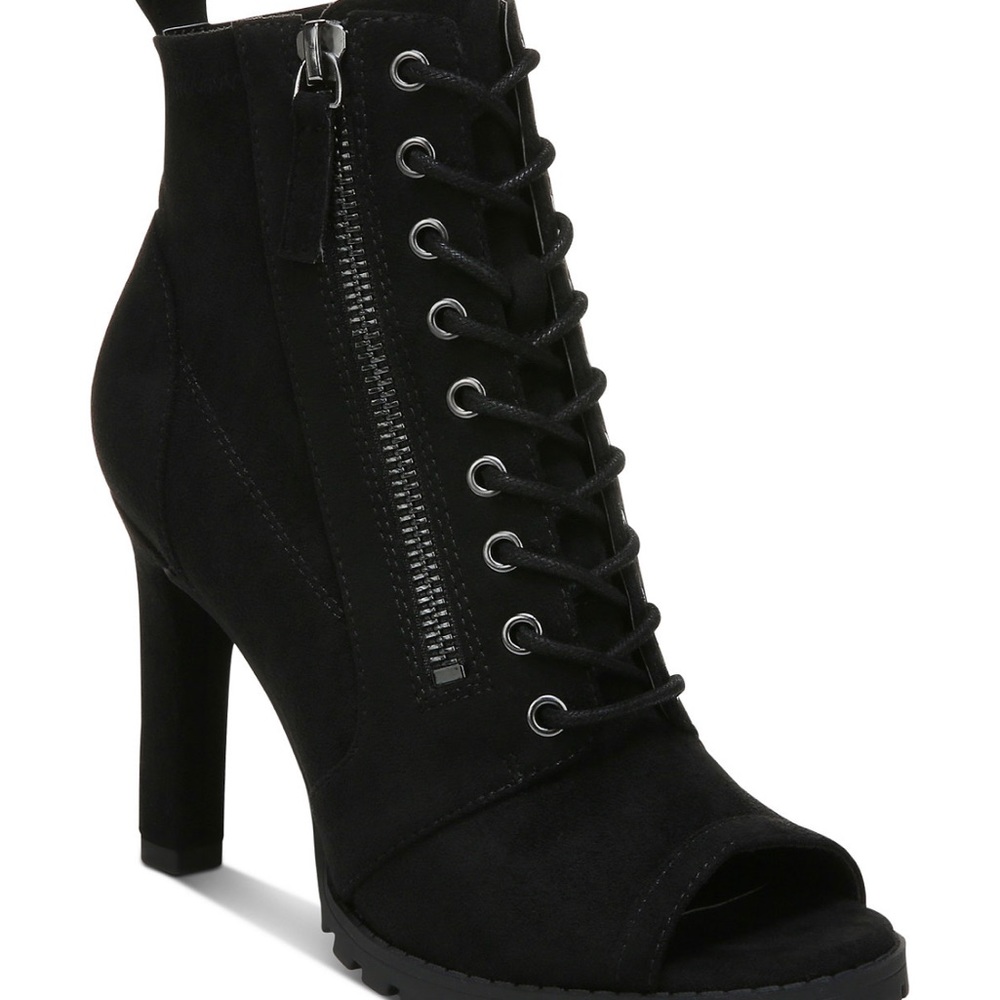 Bar III, Open-toe flash, edgy hardware high heels and lug soles accent lace up.